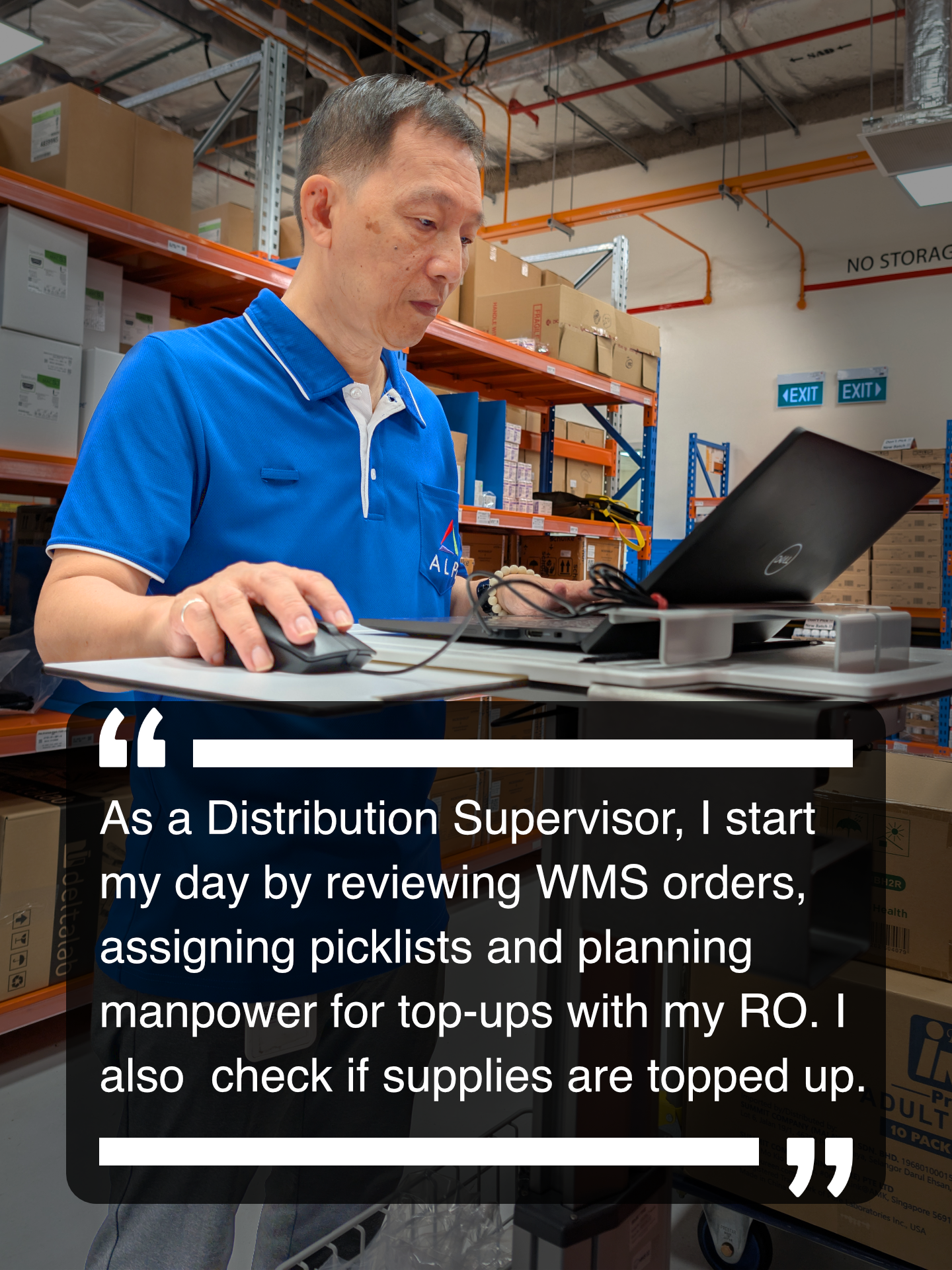 Image of ALPS staff Wong Kwee Boon in his warehouse with a quote