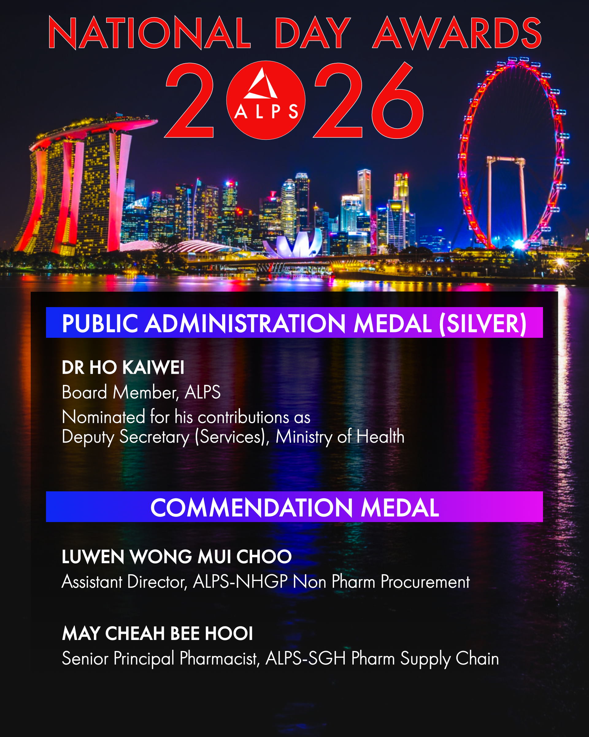 Infographic showing the names of ALPS staff members who received the National Day Awards 2026