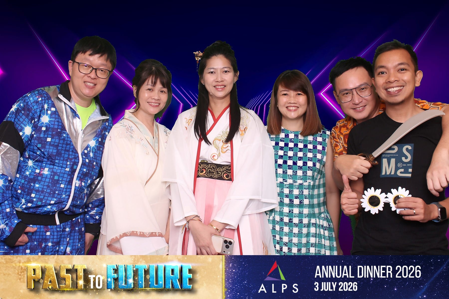Photo of 6 ALPS staff taken at a virtual photo booth at ALPS Anniversary Dinner