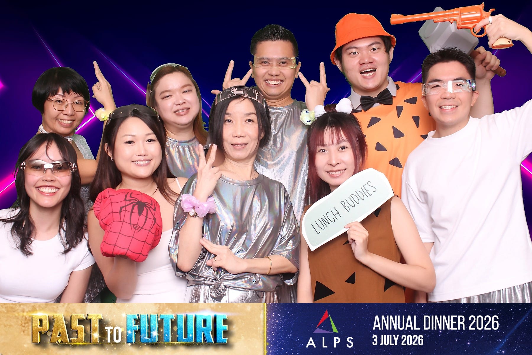 Photo of 9 ALPS staff taken at a virtual photo booth at ALPS Anniversary Dinner