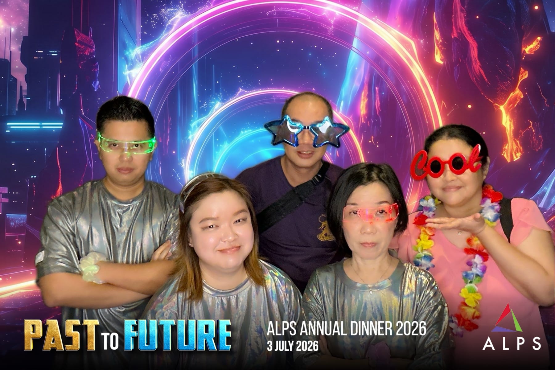 Photo of 5 ALPS staff taken at a virtual photo booth at ALPS Anniversary Dinner