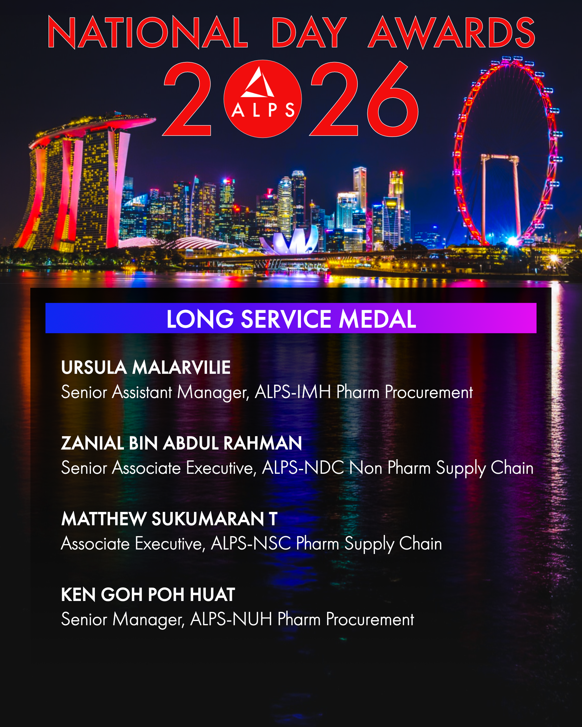 Infographic showing the names of ALPS staff members who received the National Day Awards 2026