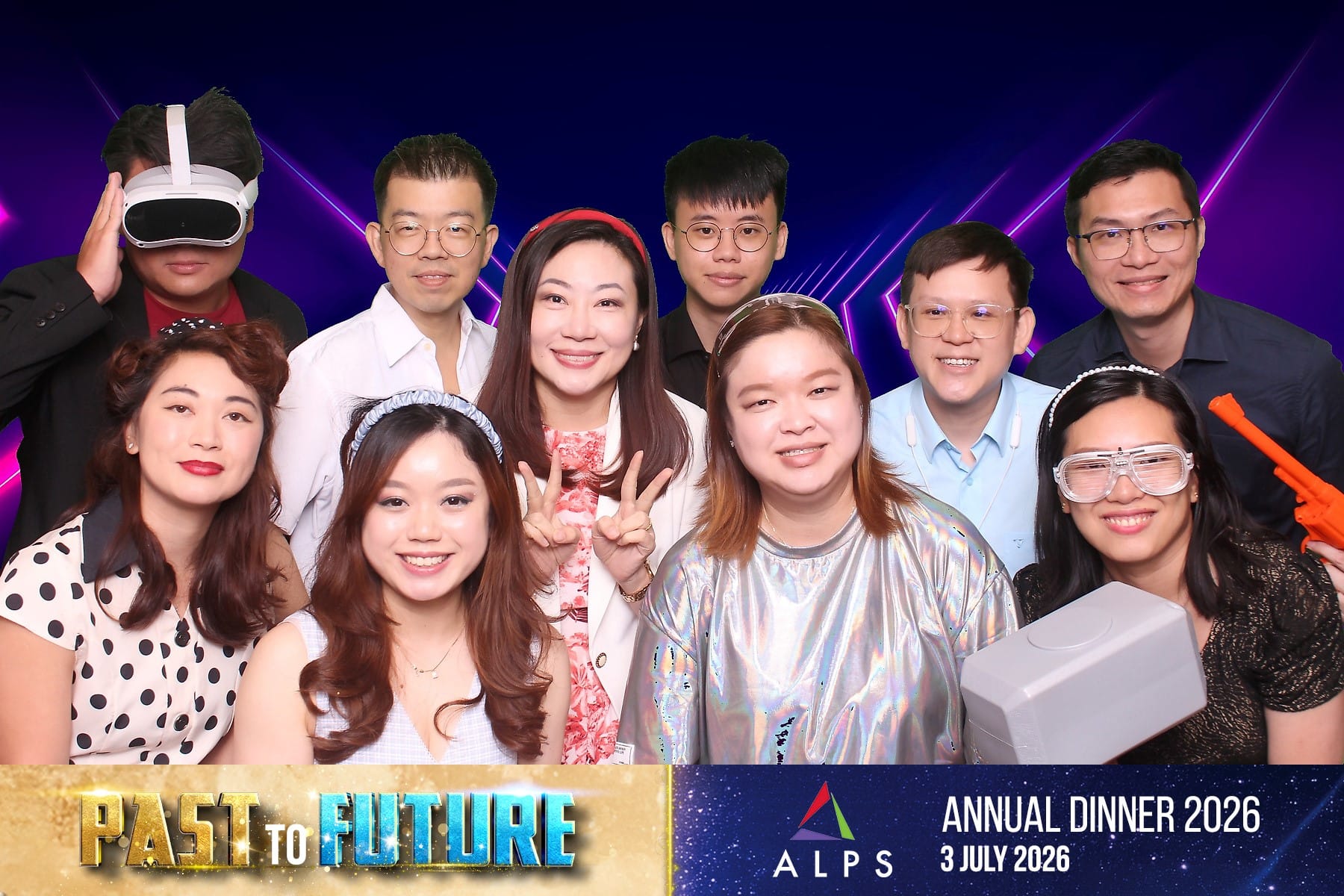 Photo of 10 ALPS staff taken at a virtual photo booth at ALPS Anniversary Dinner