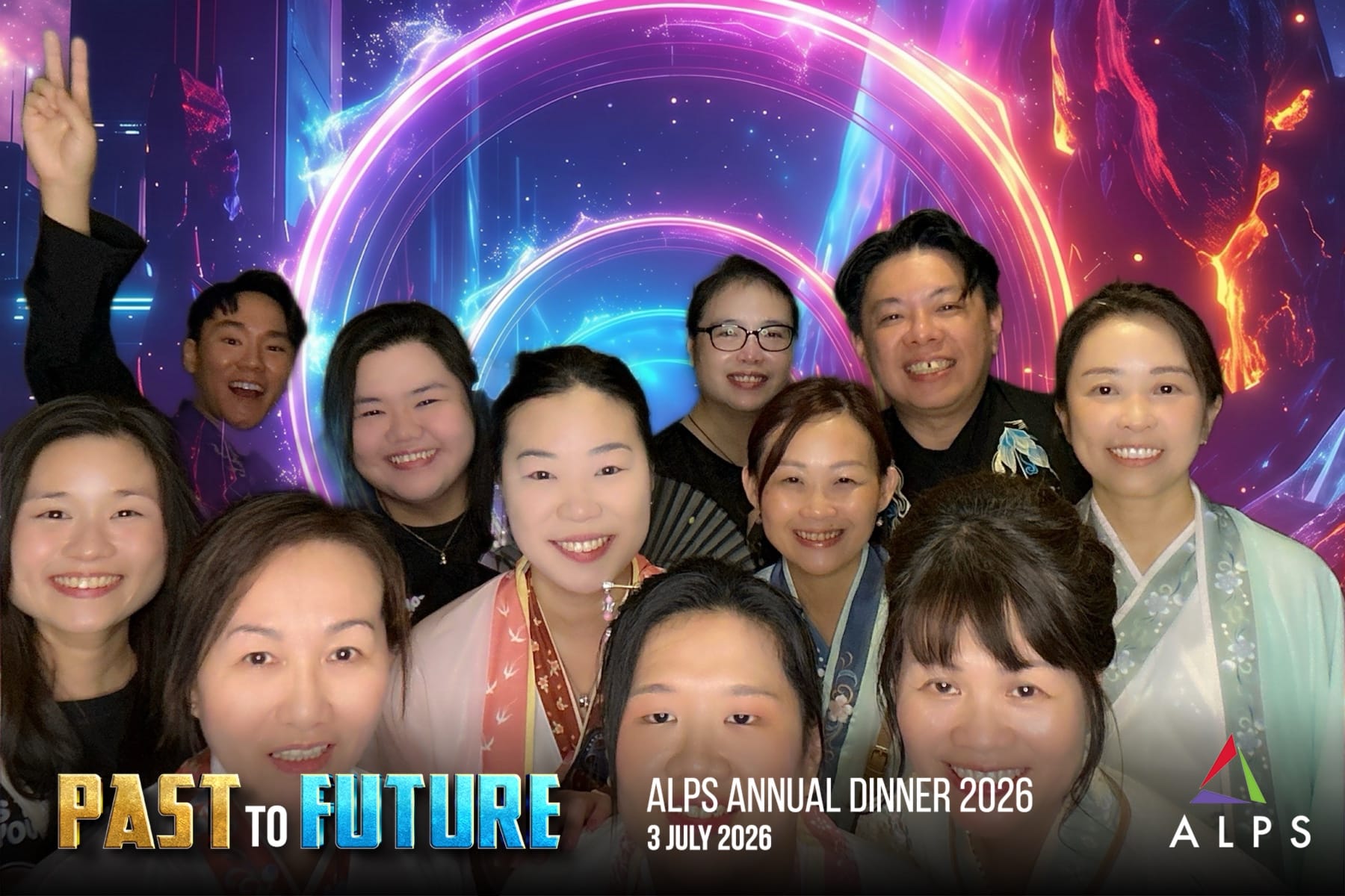 Photo of 11 ALPS staff taken at a virtual photo booth at ALPS Anniversary Dinner