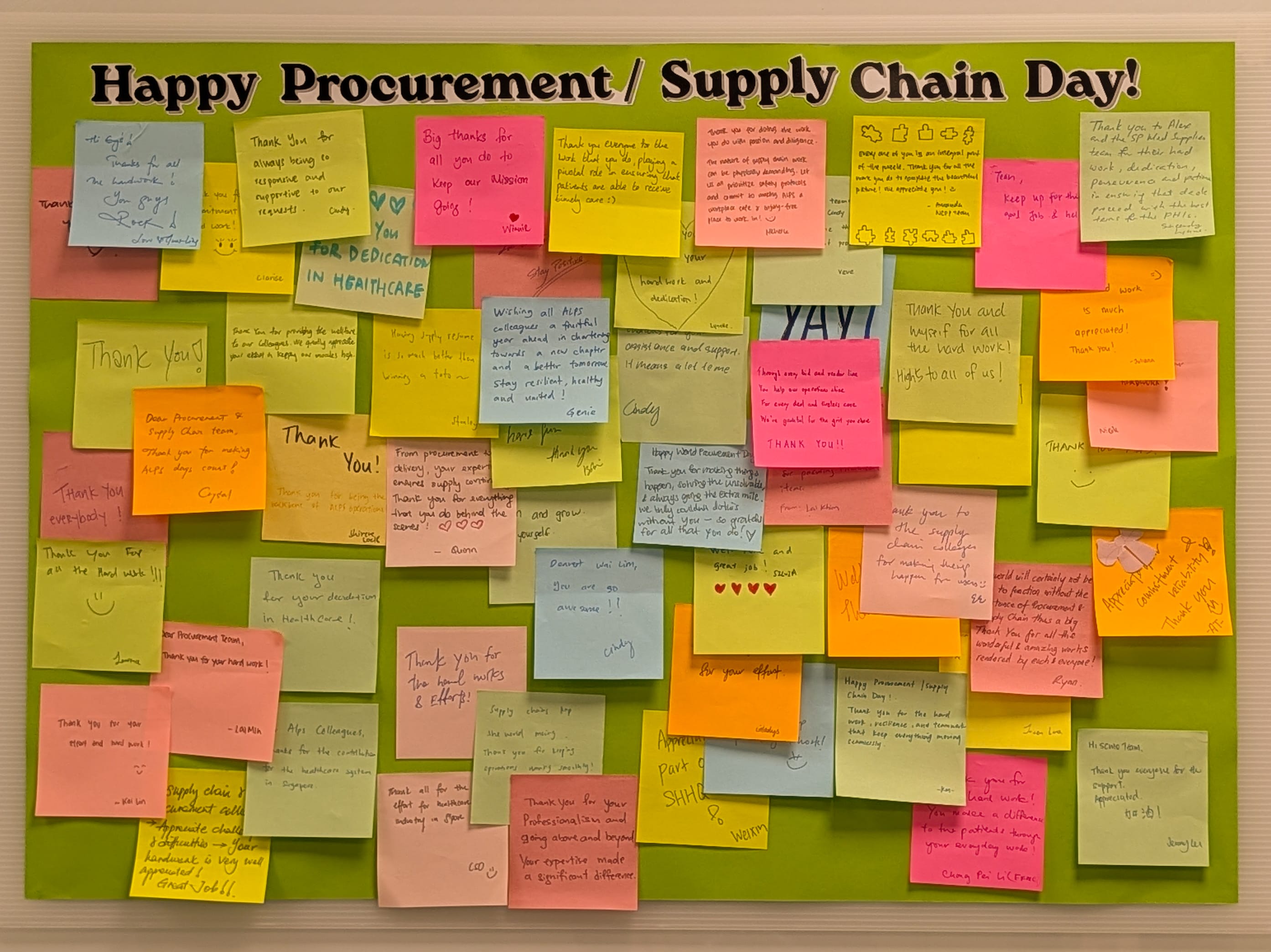Image of well wishes on post-it notes for ALPS Procurement & Supply Chain Day