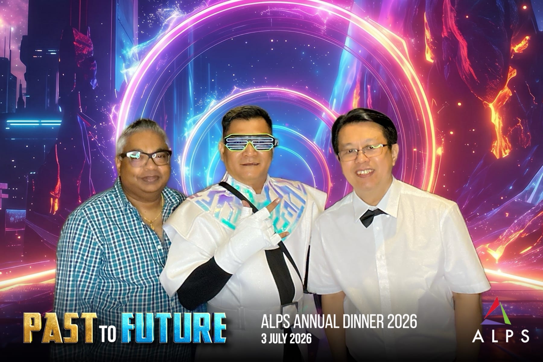 Photo of 3 ALPS staff taken at a virtual photo booth at ALPS Anniversary Dinner