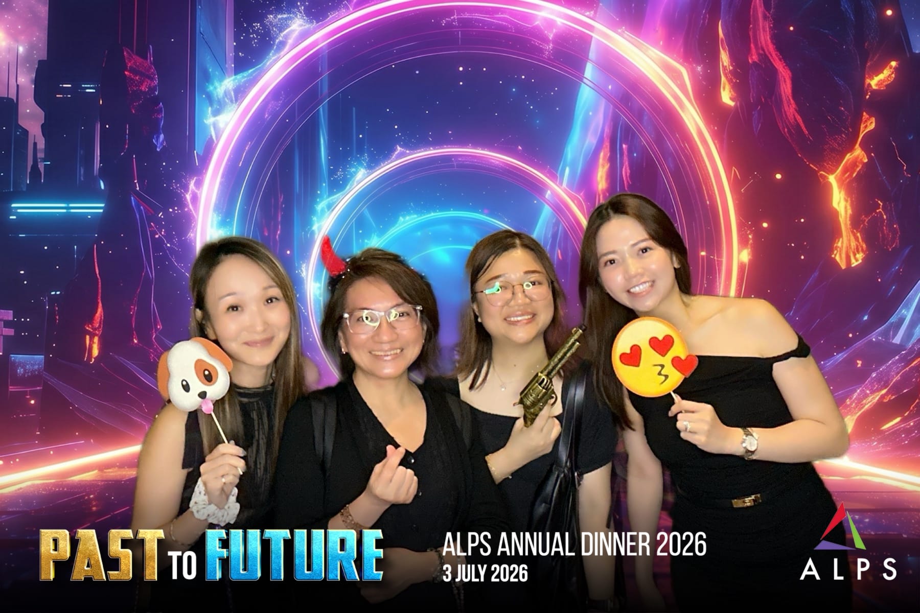 Photo of 4 ALPS staff taken at a virtual photo booth at ALPS Anniversary Dinner