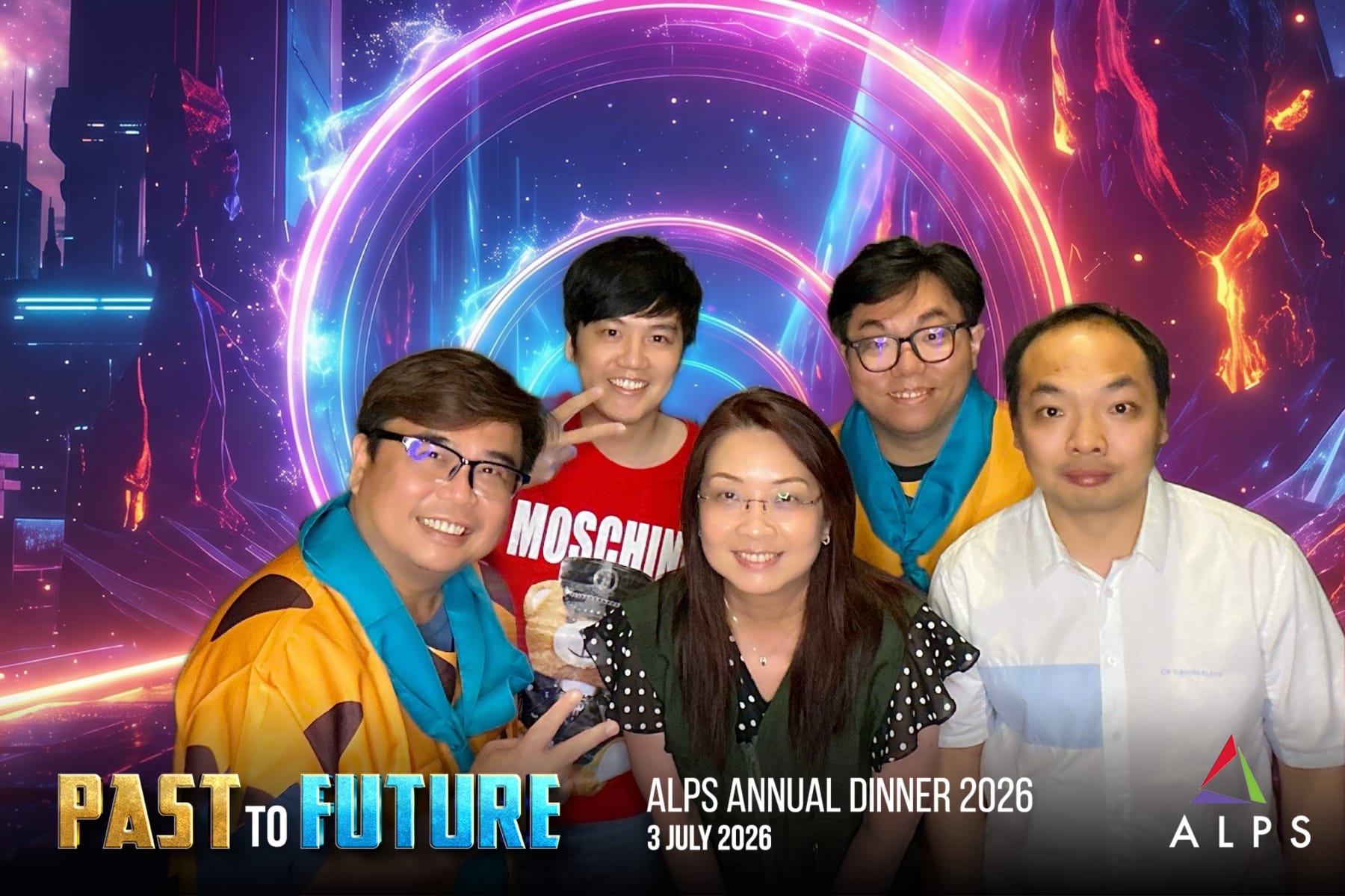 Photo of 5 ALPS staff taken at a virtual photo booth at ALPS Anniversary Dinner