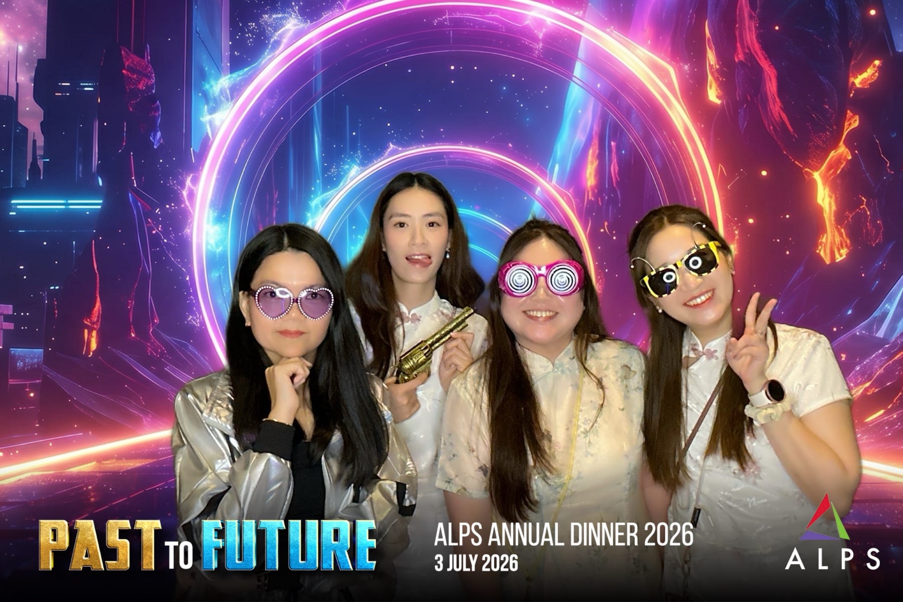 Photo of 4 ALPS staff taken at a virtual photo booth at ALPS Anniversary Dinner