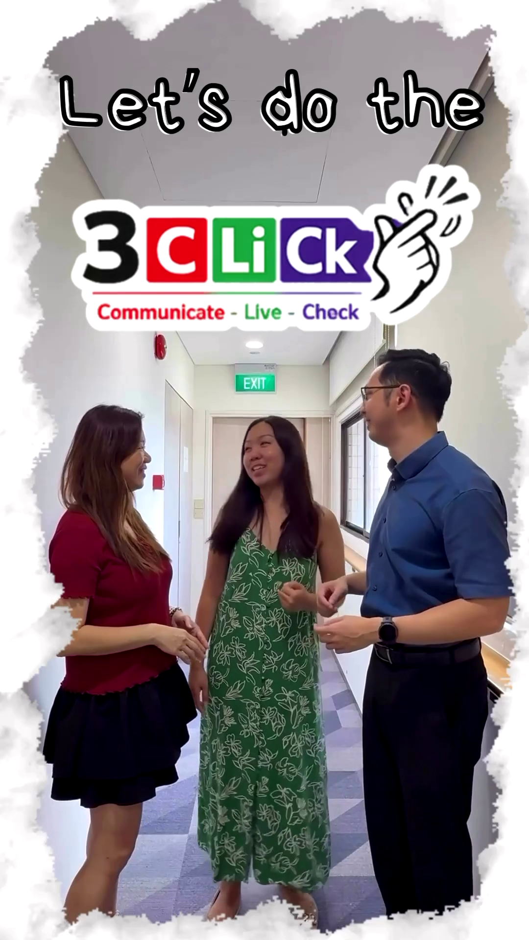 Screenshot from the '10 Safe Meeting Practices' video skit featuring three colleagues standing in an office corridor, smiling and engaged in an inclusive discussion.