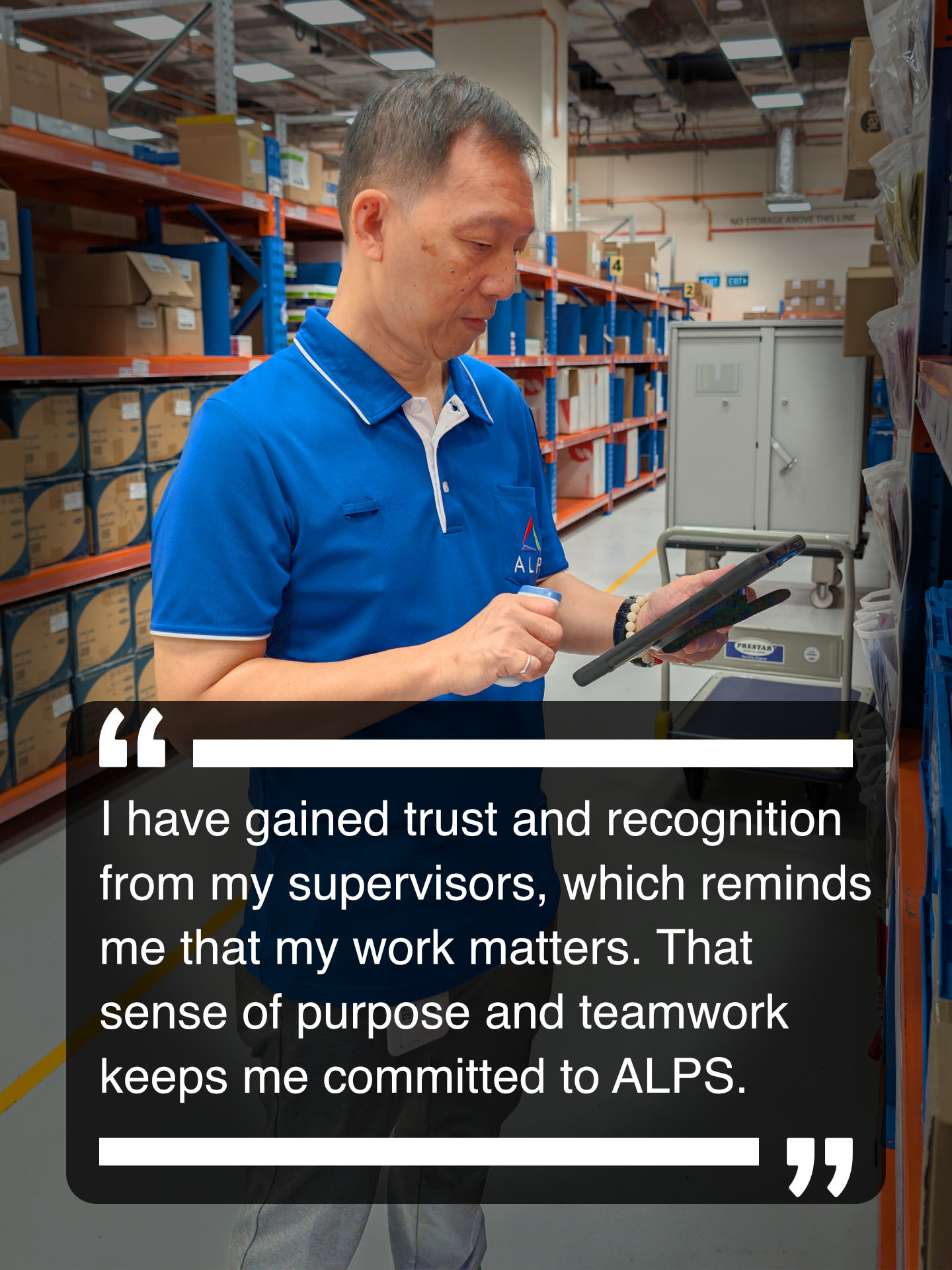 Image of ALPS staff Wong Kwee Boon in his warehouse with a quote