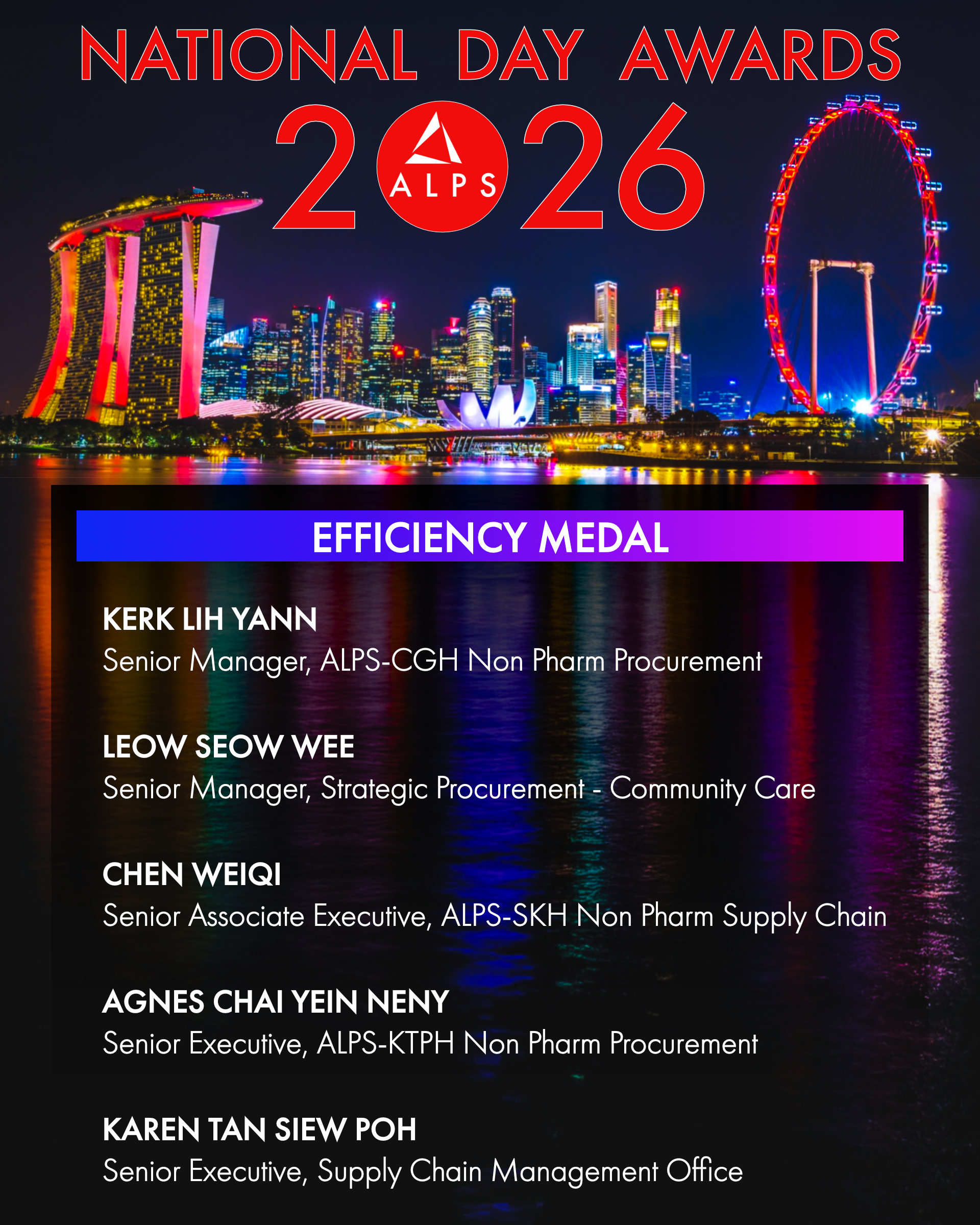 Infographic showing the names of ALPS staff members who received the National Day Awards 2026