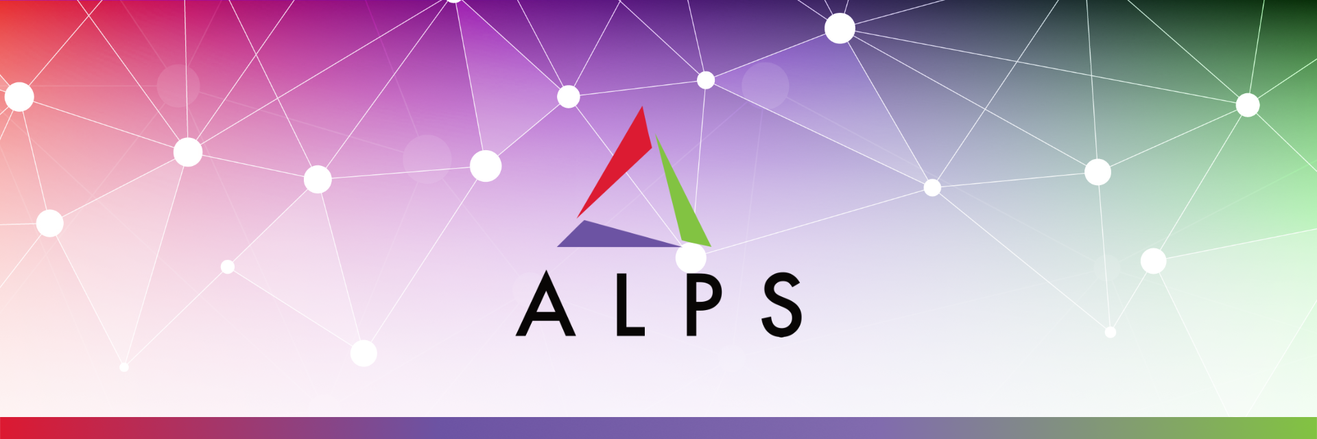 ALPS logo set against a network design and a colour gradient of red to purple to green, which are ALPS' corporate colours