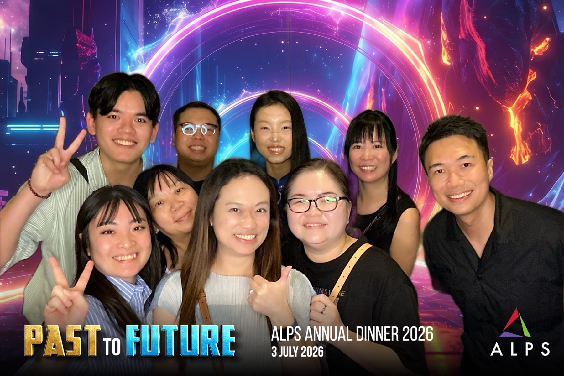 Photo of 9 ALPS staff taken at a virtual photo booth at ALPS Anniversary Dinner