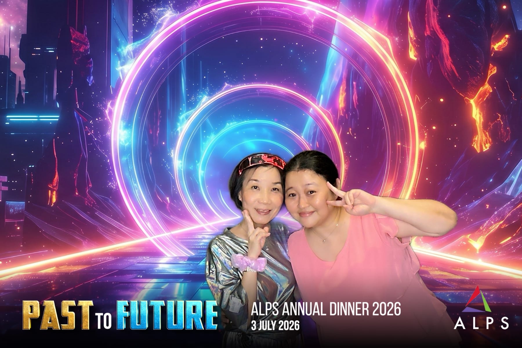 Photo of 2 ALPS staff taken at a virtual photo booth at ALPS Anniversary Dinner