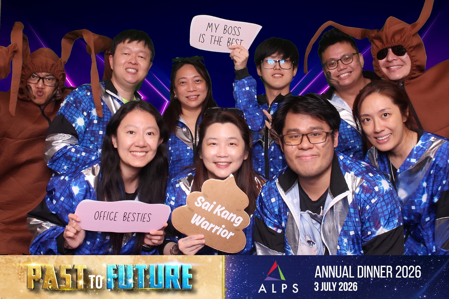 Photo of 10 ALPS staff taken at a virtual photo booth at ALPS Anniversary Dinner