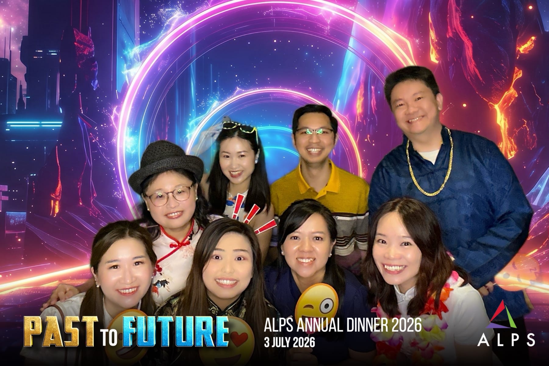 Photo of 8 ALPS staff taken at a virtual photo booth at ALPS Anniversary Dinner