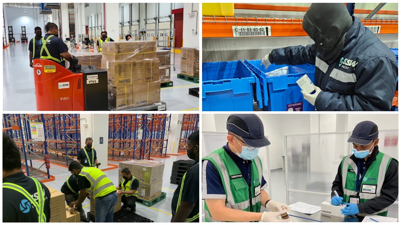 Warehouse workers in safety vests and gloves handle pallets, blue bins, and documents in various sections of storage facility.