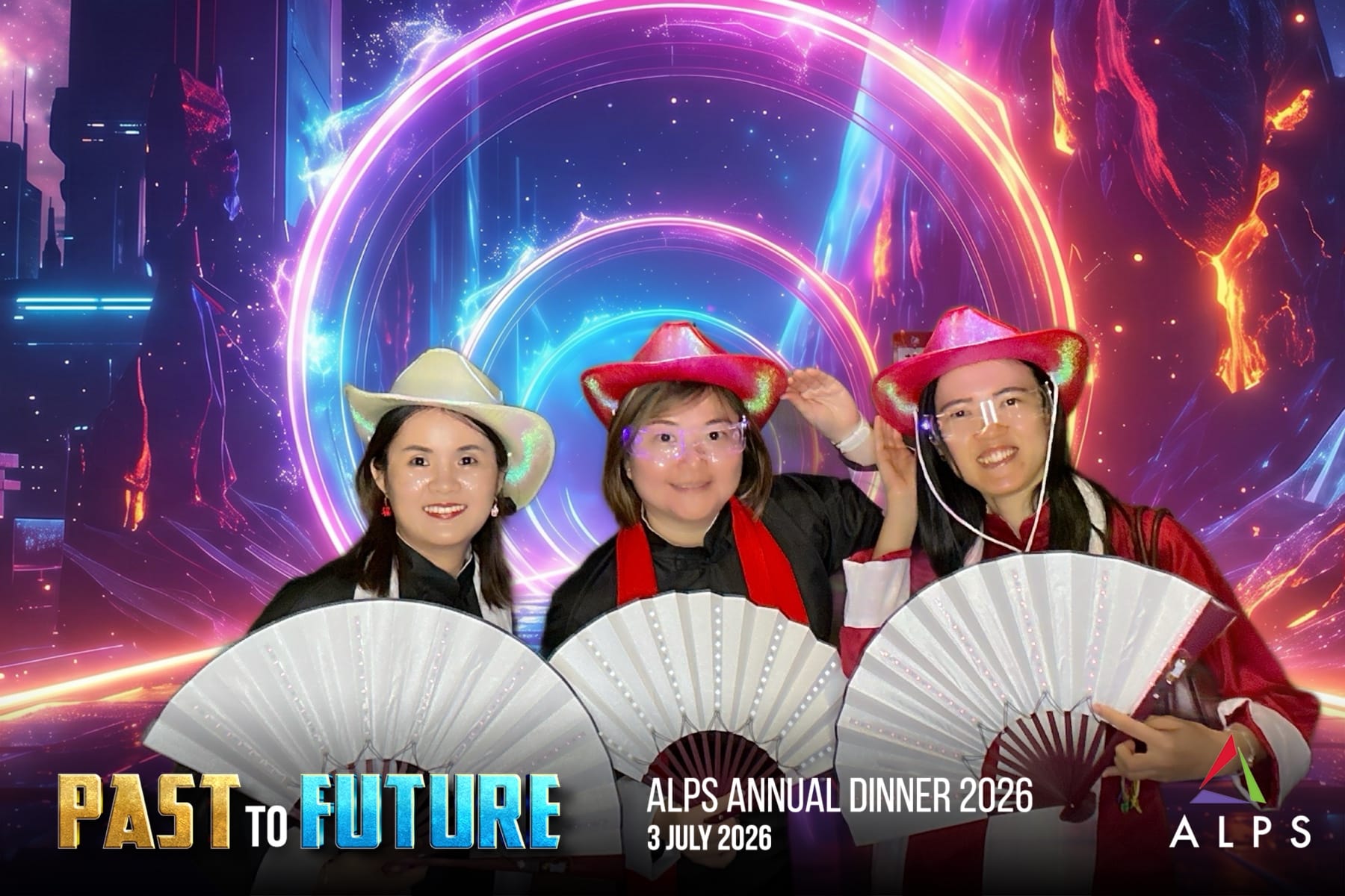 Photo of 3 ALPS staff taken at a virtual photo booth at ALPS Anniversary Dinner