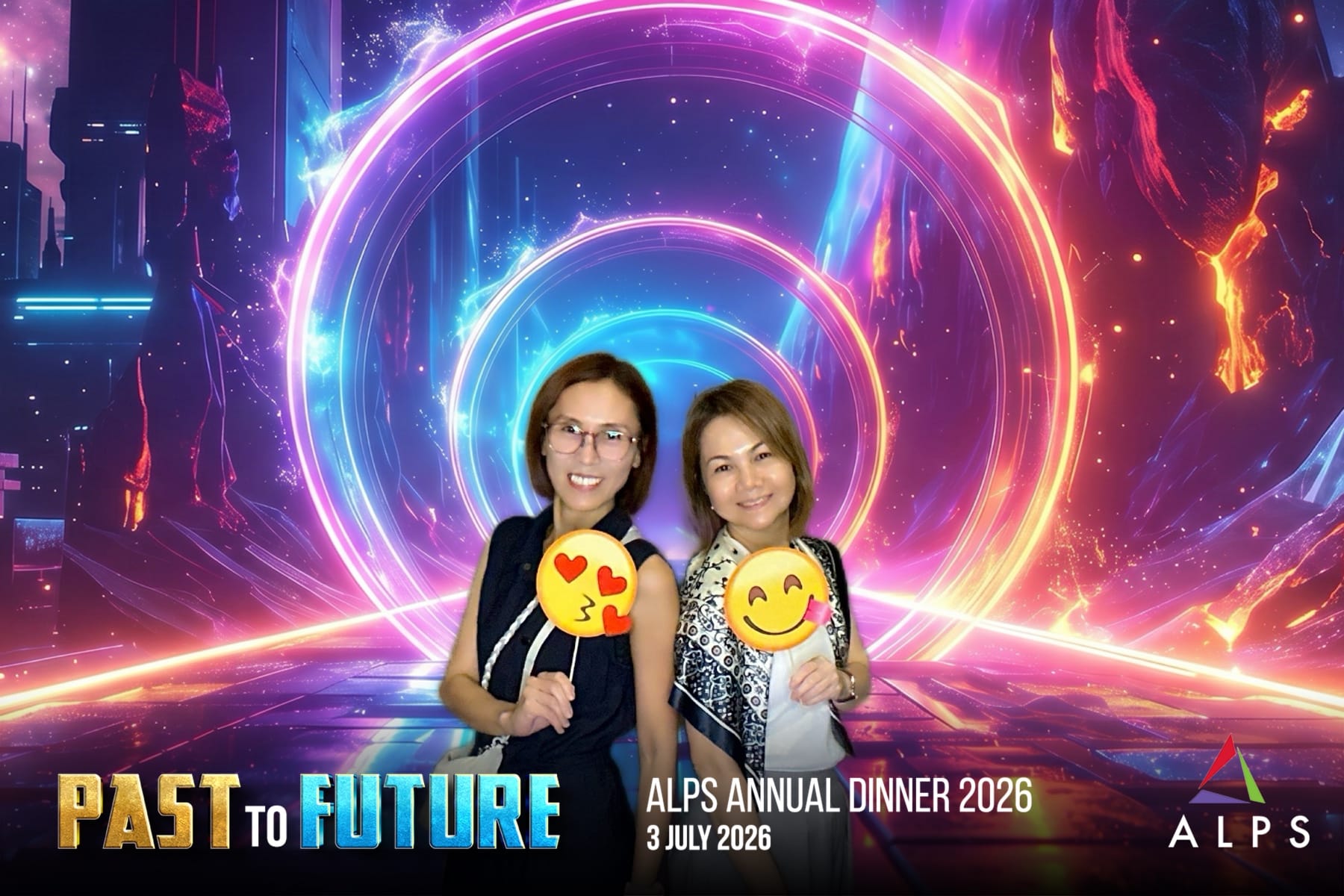 Photo of 2 ALPS staff taken at a virtual photo booth at ALPS Anniversary Dinner