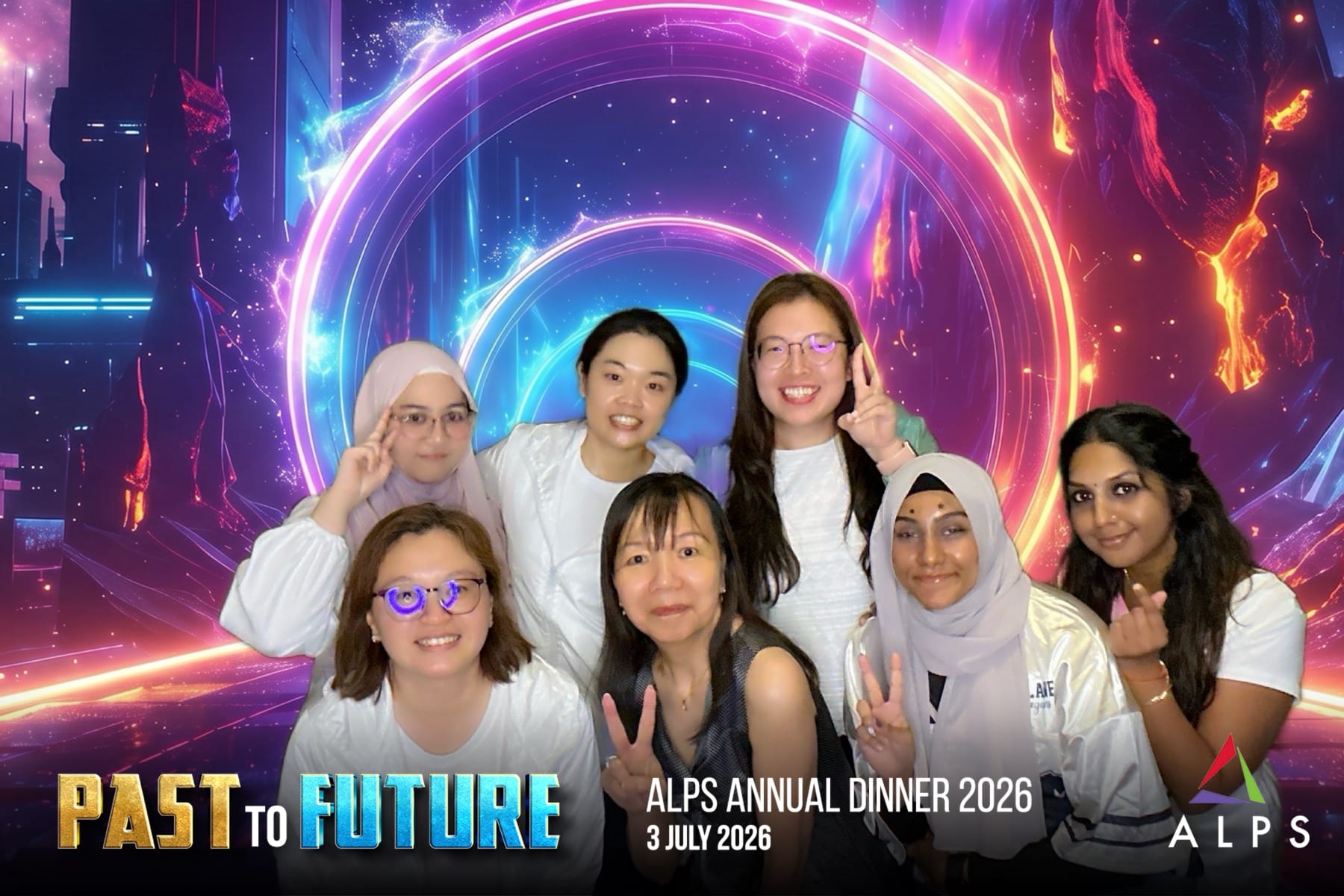 Photo of 7 ALPS staff taken at a virtual photo booth at ALPS Anniversary Dinner