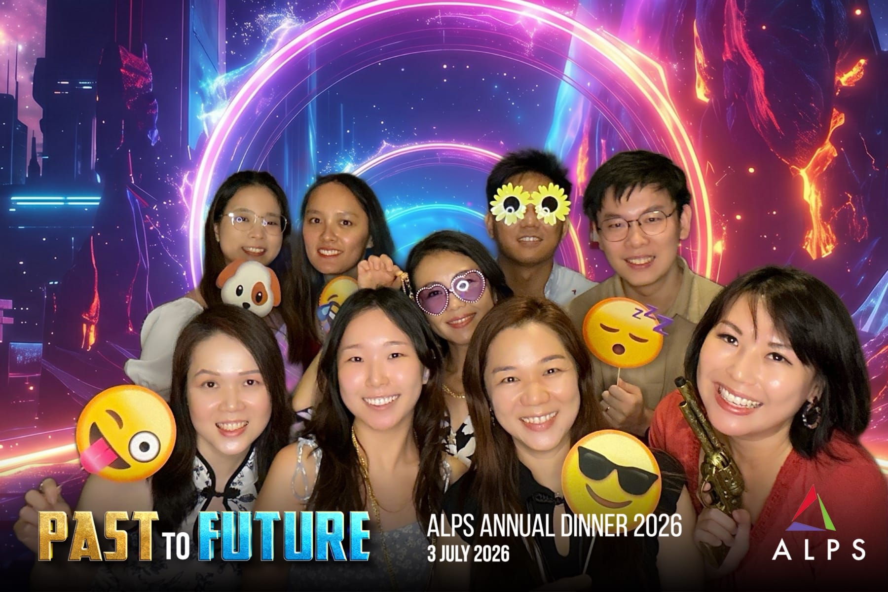 Photo of 9 ALPS staff taken at a virtual photo booth at ALPS Anniversary Dinner