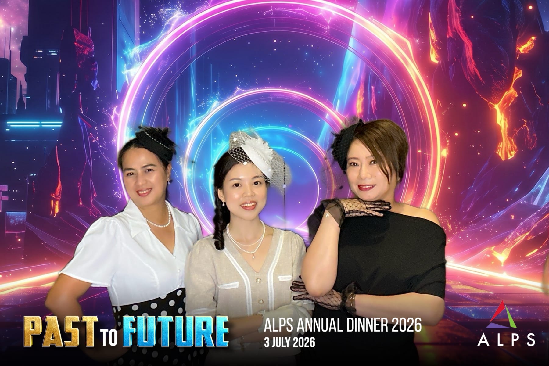 Photo of 3 ALPS staff taken at a virtual photo booth at ALPS Anniversary Dinner