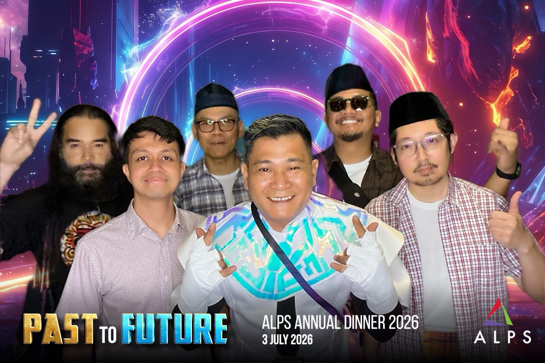 Photo of 6 ALPS staff taken at a virtual photo booth at ALPS Anniversary Dinner