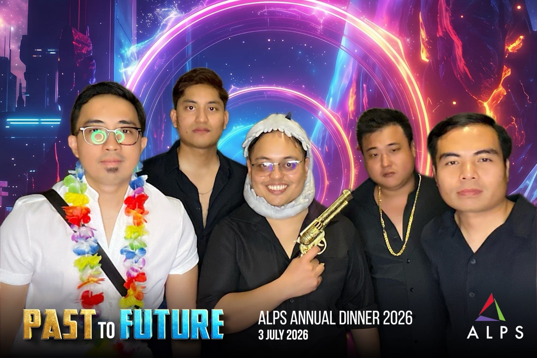 Photo of 5 ALPS staff taken at a virtual photo booth at ALPS Anniversary Dinner