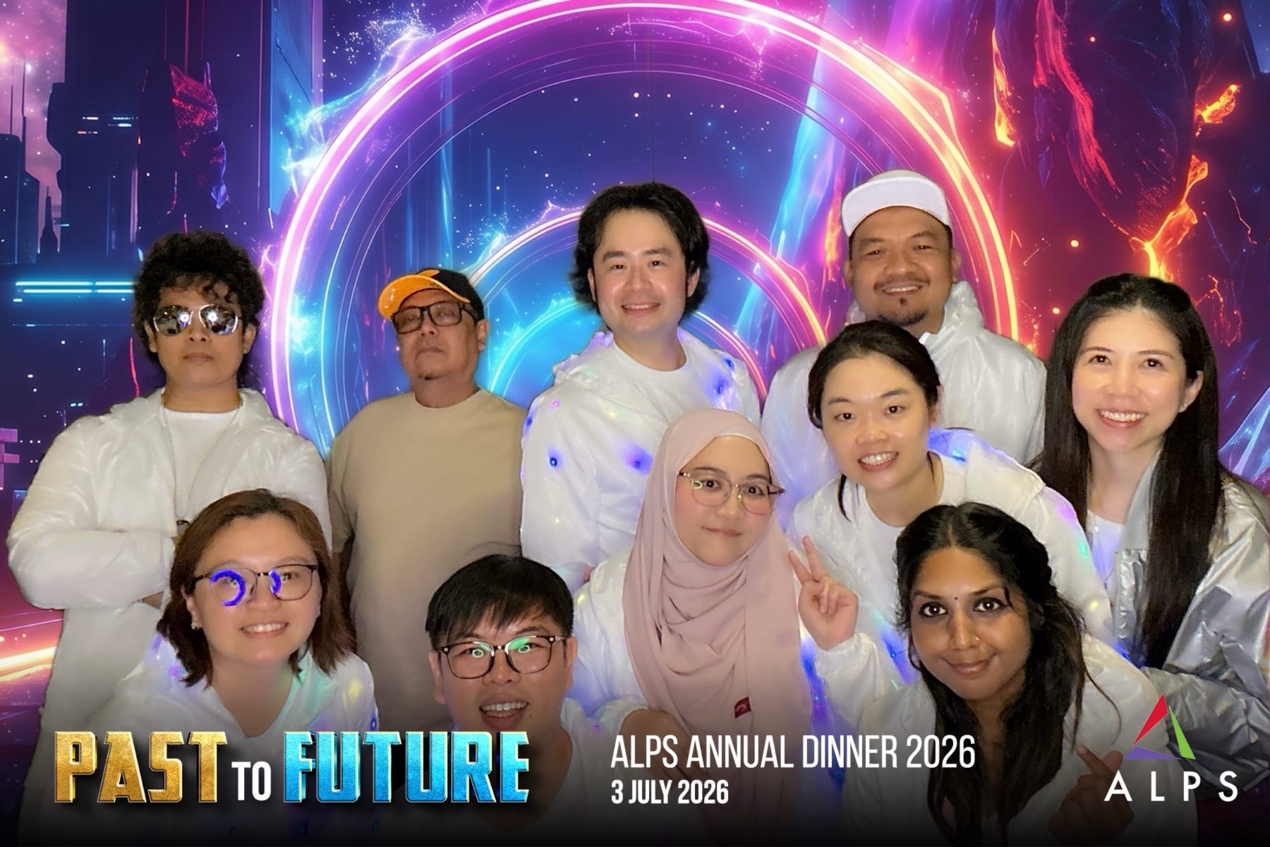Photo of 10 ALPS staff taken at a virtual photo booth at ALPS Anniversary Dinner