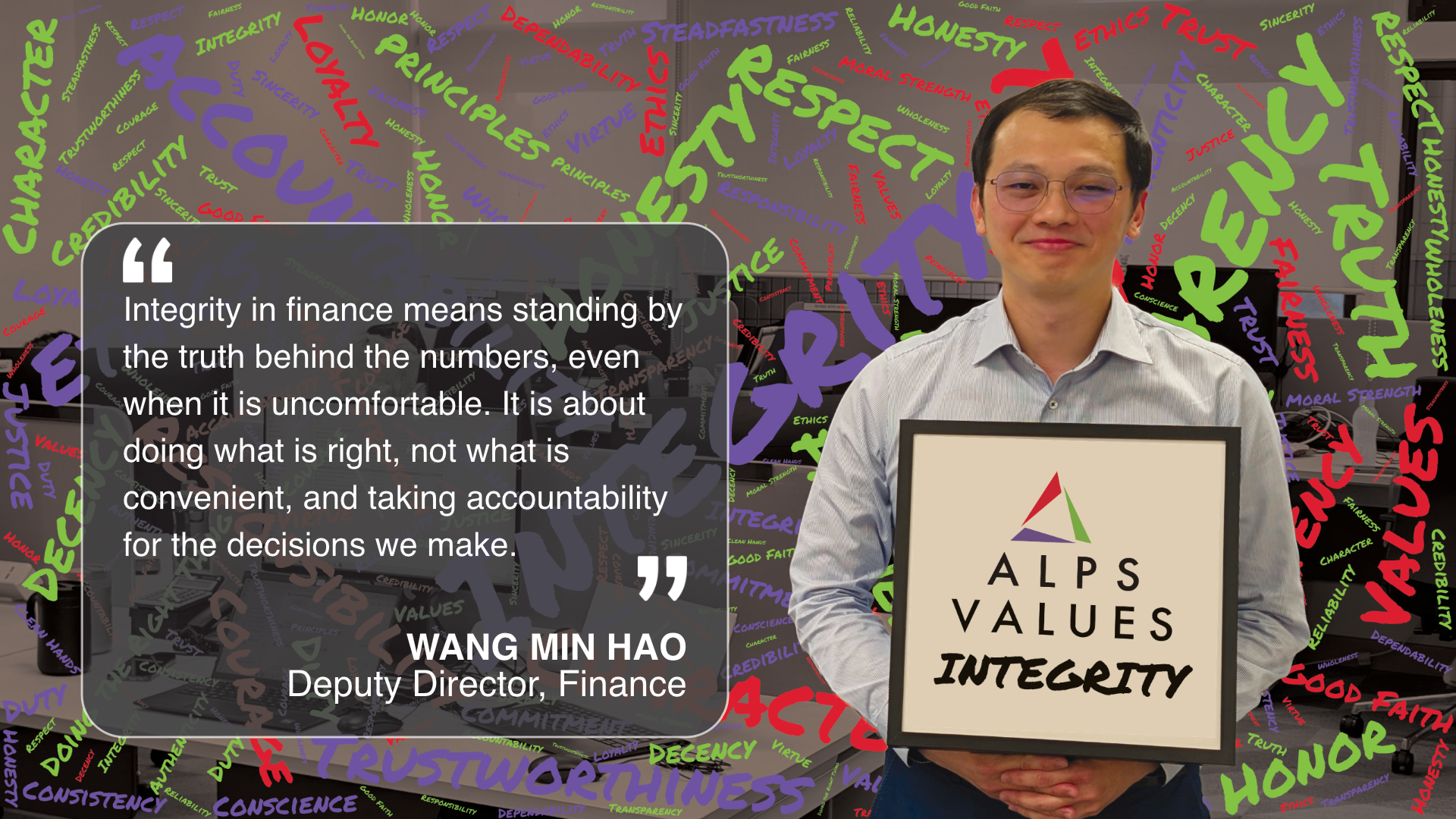 Image of 2 ALPS staff holding a sign - ALPS Values Integrity - with a quote about Integrity