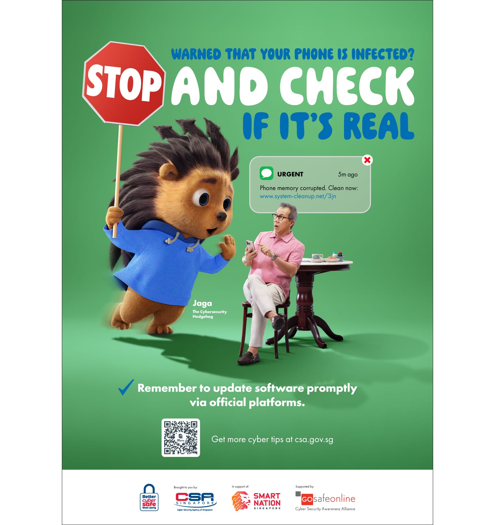 A person is about to open a text message prompting him to update his software, Jaga is telling him to stop and check.