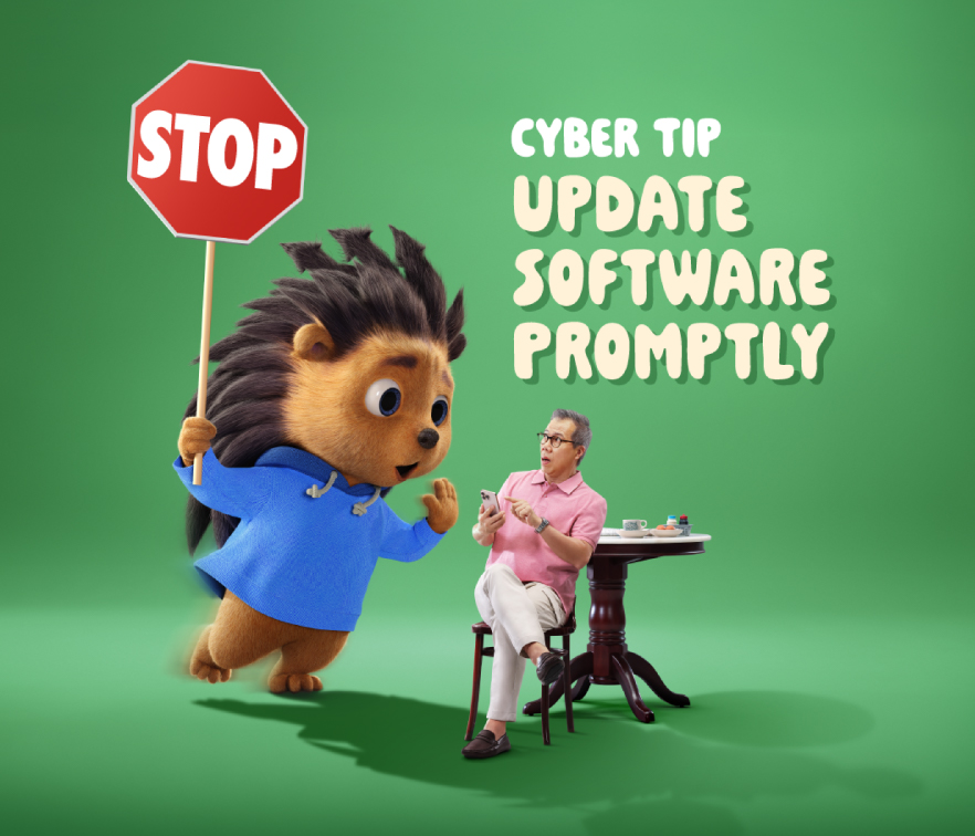 A person is about to open a text message prompting him to update his software, Jaga is telling him to stop and check.