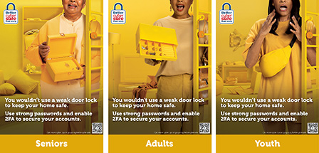 Use strong passwords and enable 2FA to secure your accounts 3 yellow posters