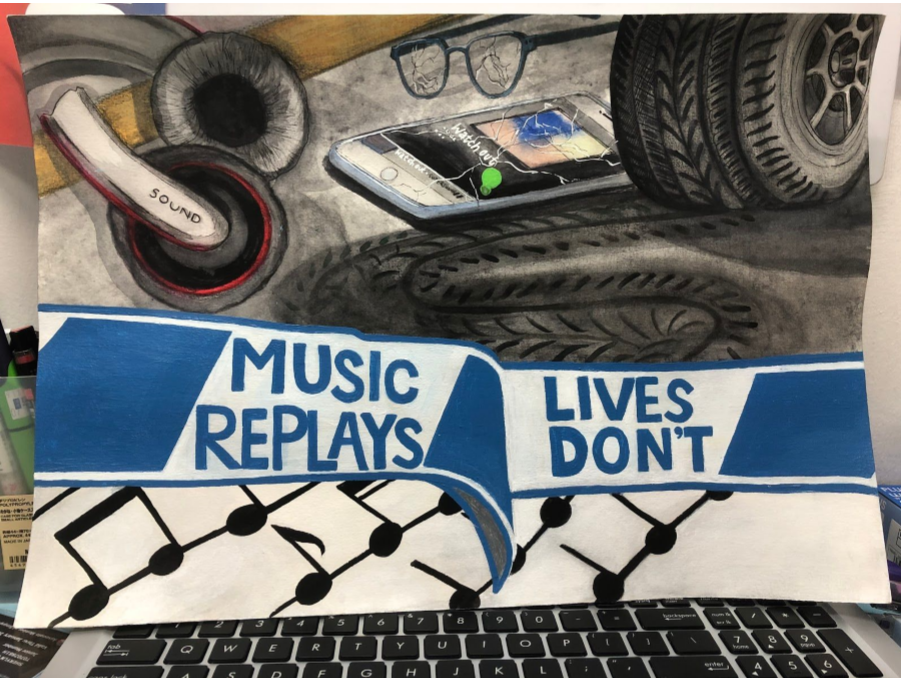 Illustration shows phone, glasses, tire tracks, earbud, music notes; text reads "MUSIC REPLAYS, LIVES DON'T".