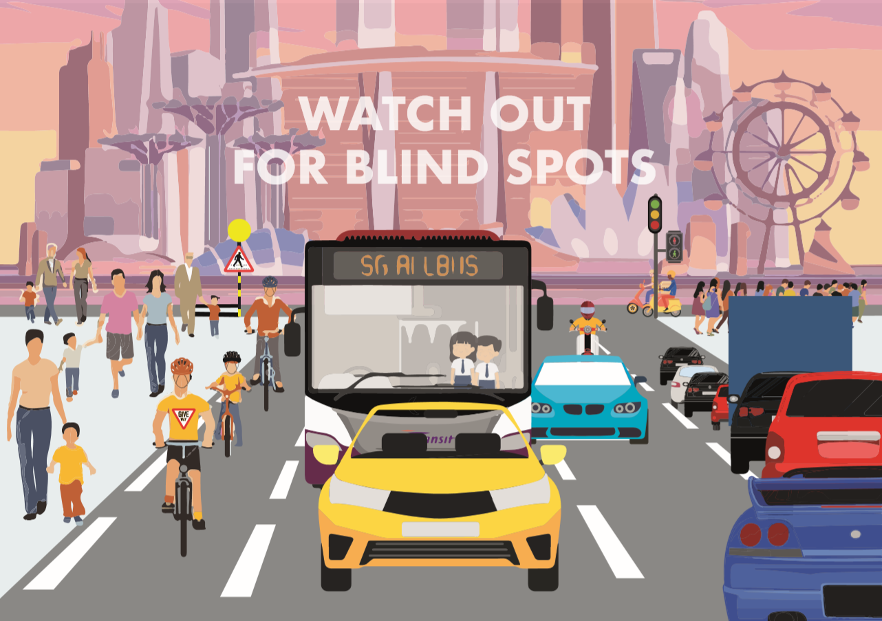 A busy road with pedestrians, cyclists, and vehicles under a sign that says "WATCH OUT FOR BLIND SPOTS."