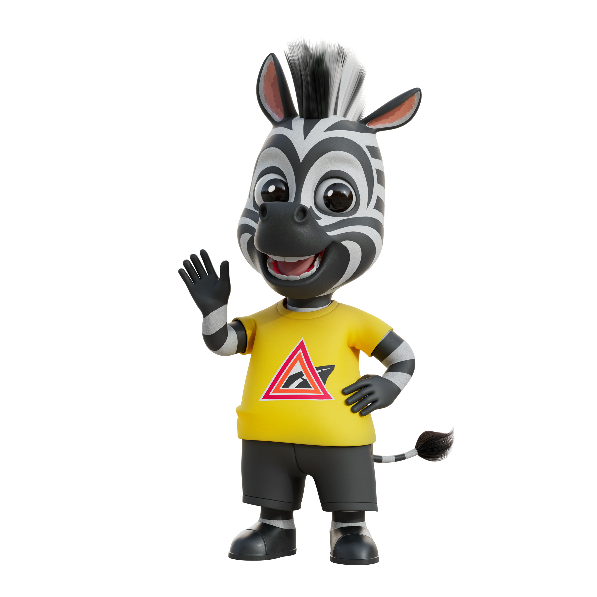 A cartoon zebra in a yellow shirt stands in front of a blue car and a teal scooter.