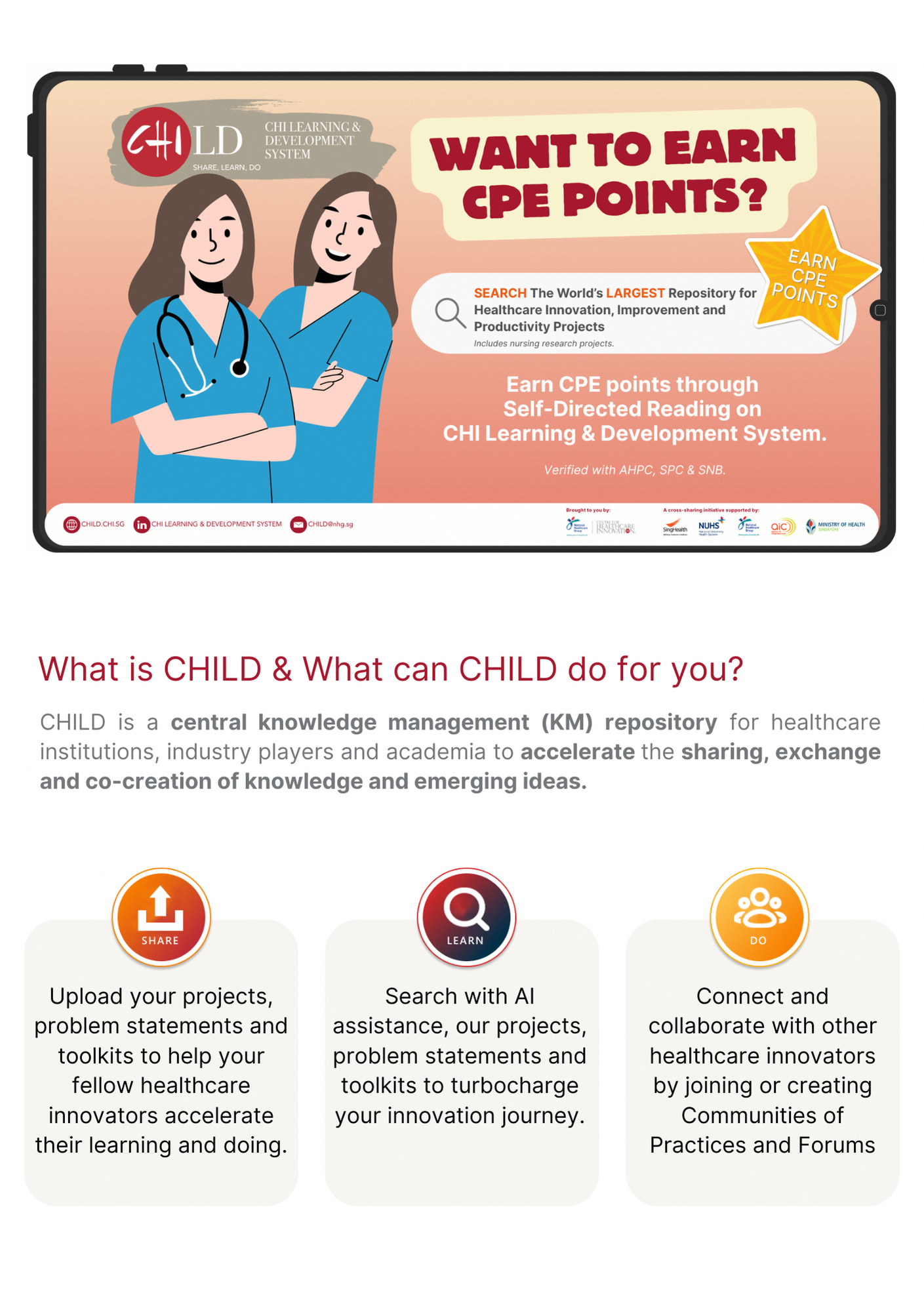 Illustration of two medical professionals advertises earning CPE points through self-directed reading on CHI Learning & Development System.