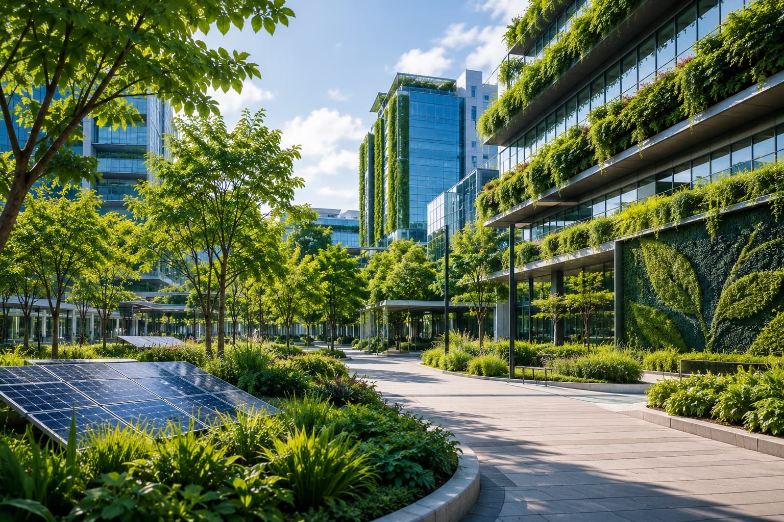 building space with solar panels and lots of greenery