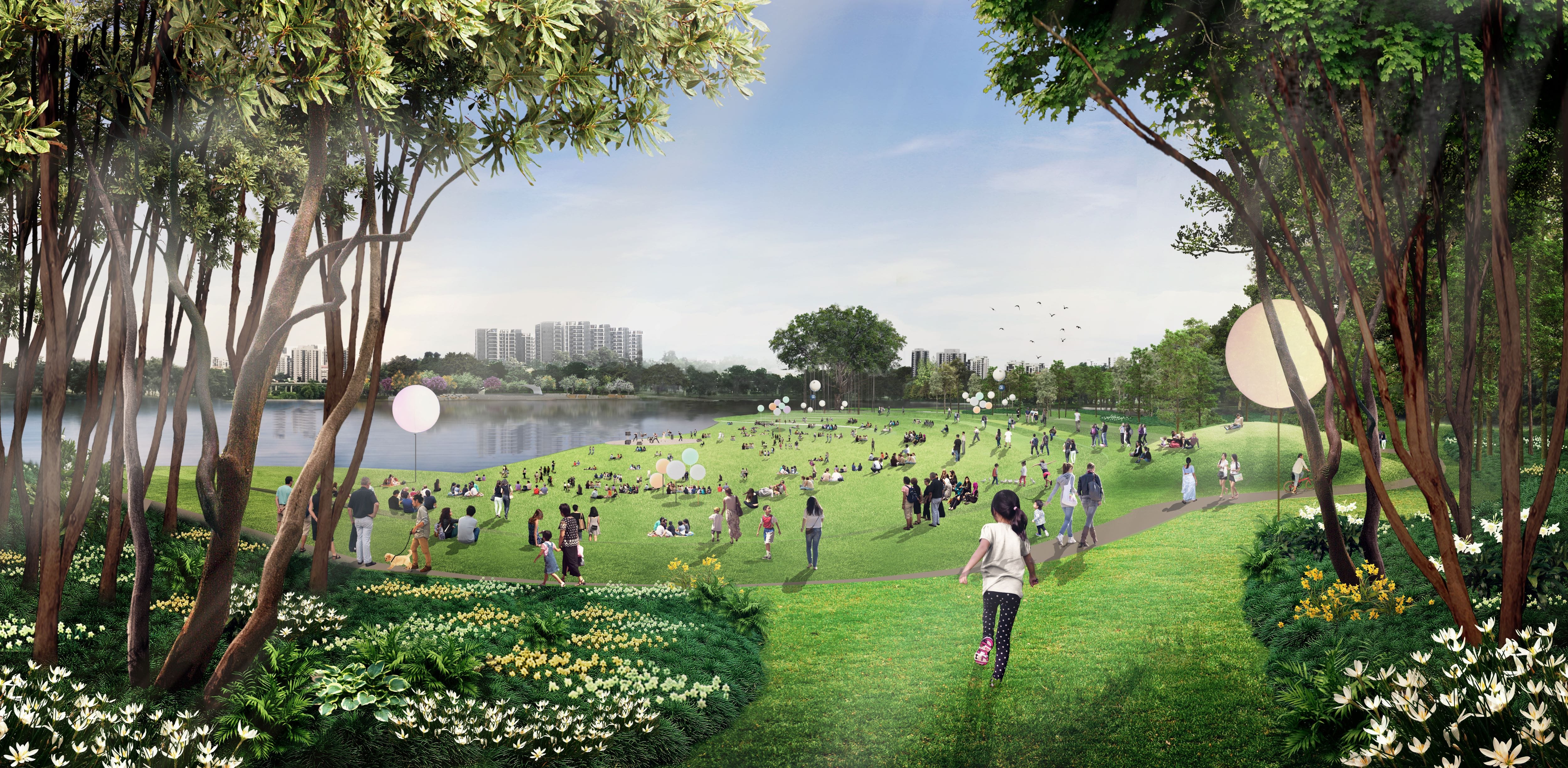 Artist's impression of the new event lawn at Chinese Garden with views of the Pagoda and Jurong Lake.