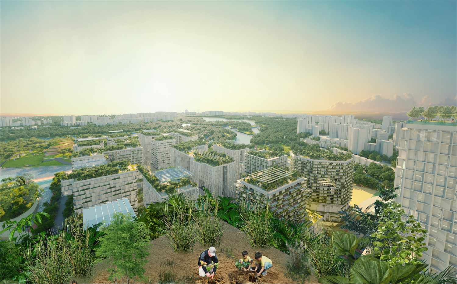 Artist's impression of skyrise and rooftop greenery on buildings collectively forming a ‘green carpet’ in the sky.