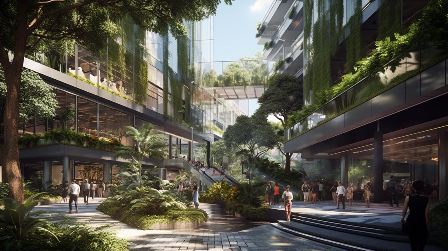 Artist's impression of an open-to-sky courtyard that is open to the public at all times and lushly landscaped.