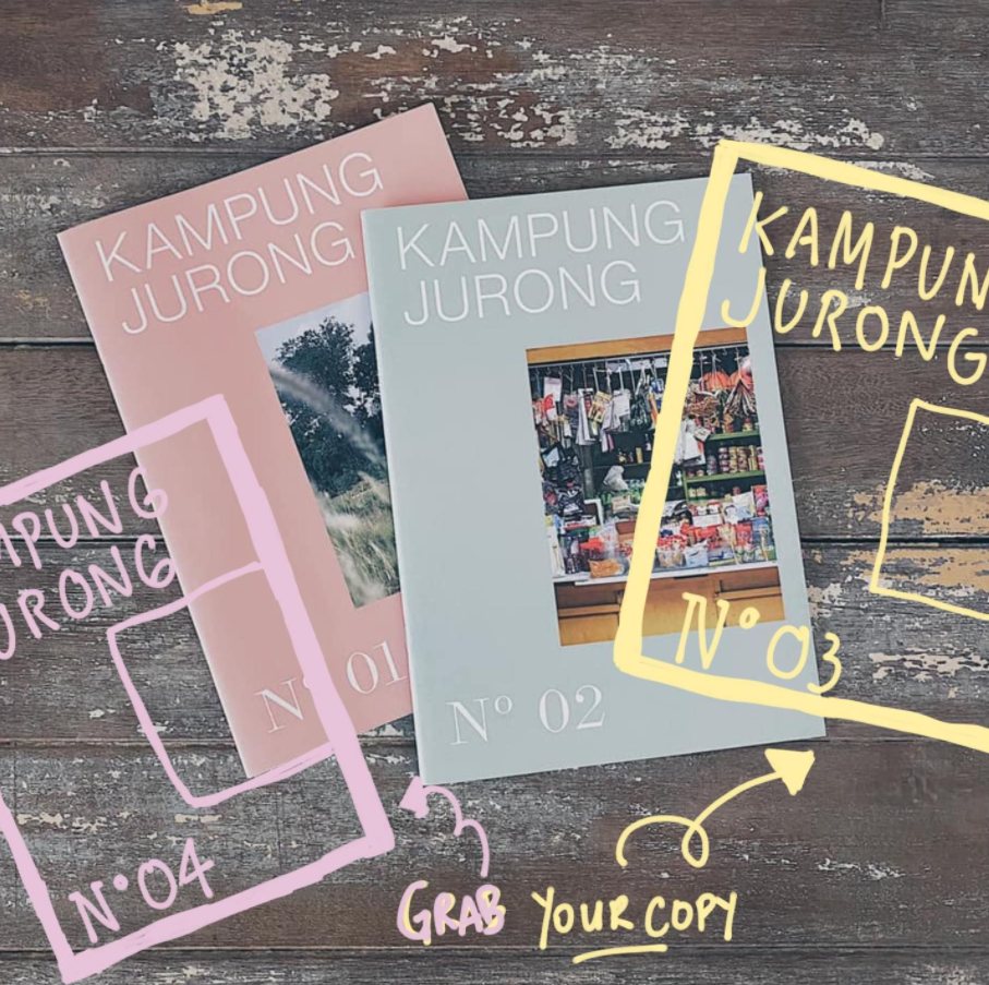 Four Kampung Jurong magazines on a rustic wooden table, numbered 01, 02, 03 and 04, and "grab your copy" text.