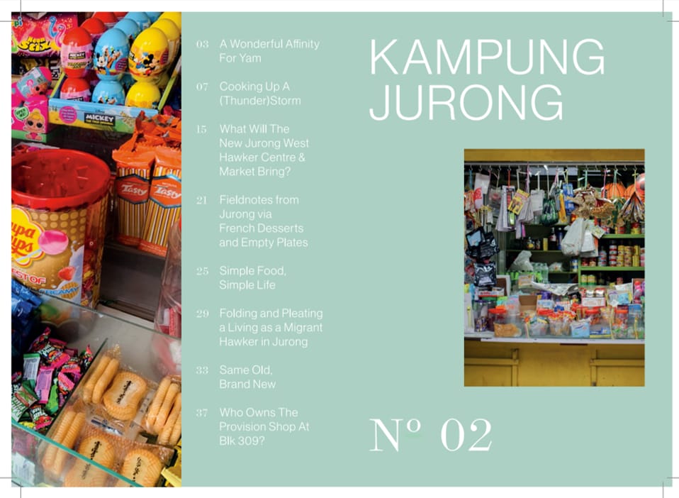 Various snacks and candies displayed in a shop, next to a list of articles and a photo of another shop counter in Kampung Jurong.
