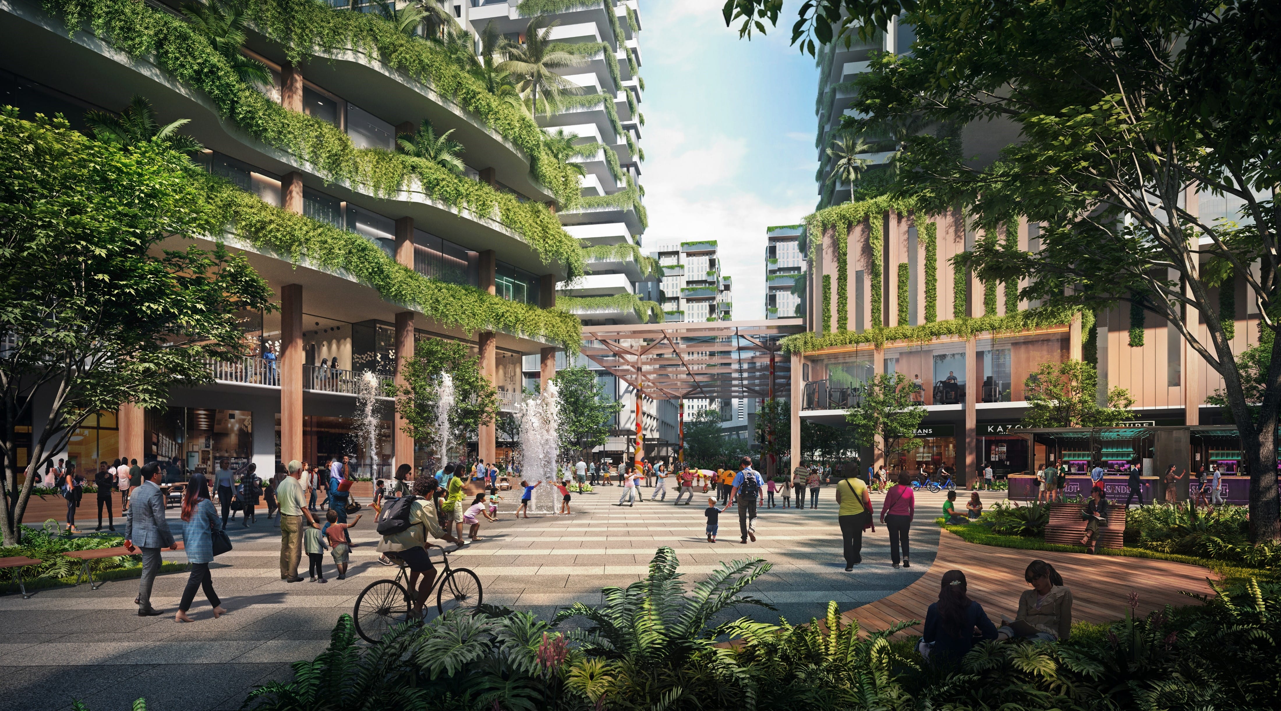 Artist's impression of an open-to-sky courtyard that is designed as a extension of the surrounding streets.