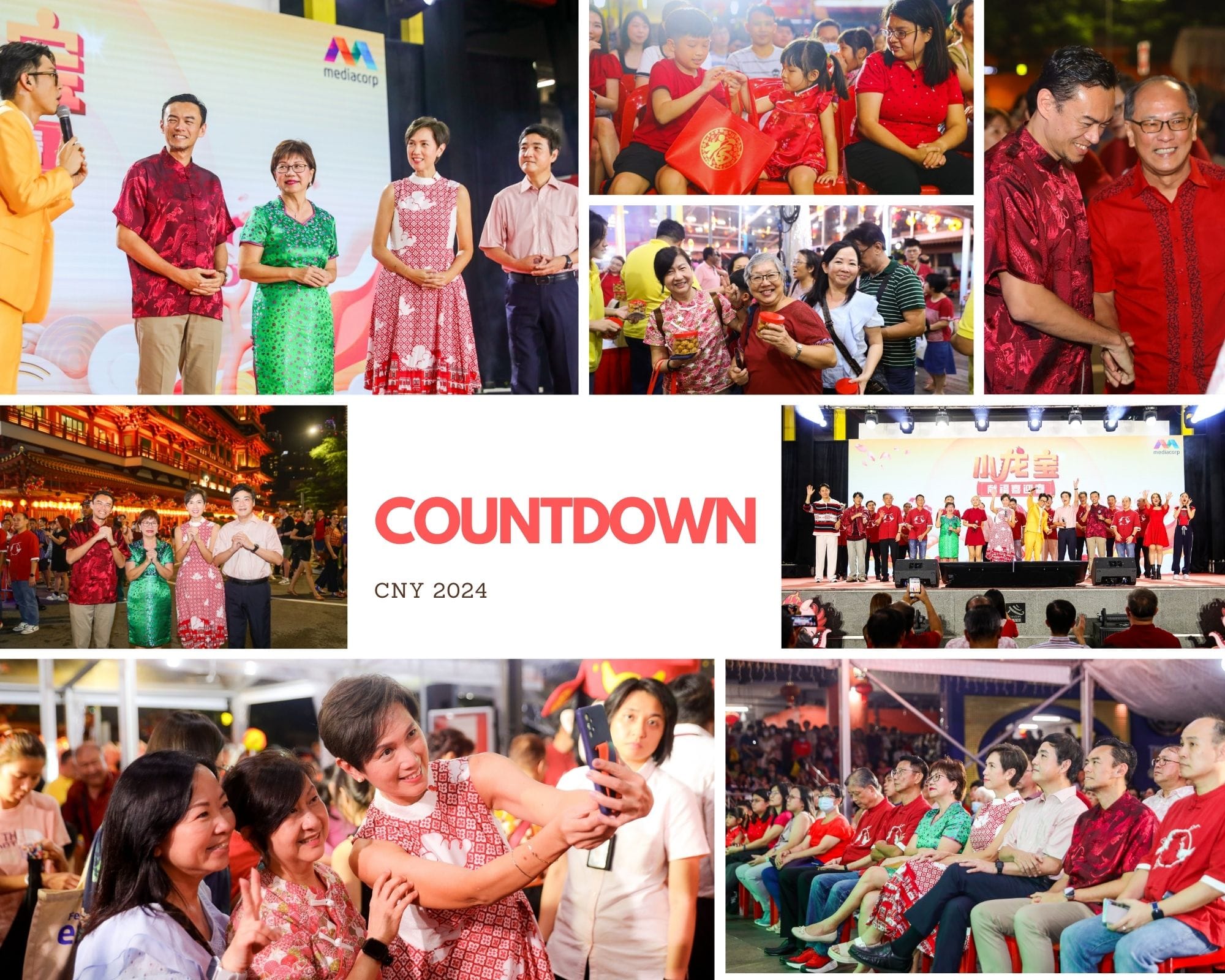 People celebrating the 2024 Chinese New Year countdown with performances, groups, and decorations.