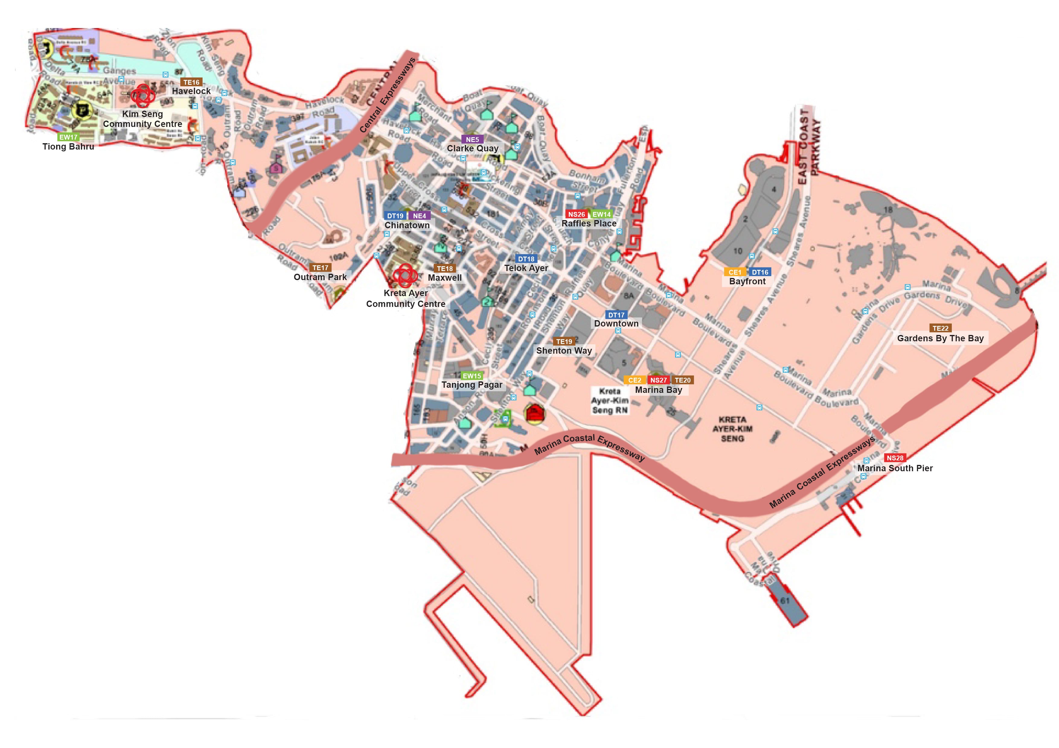A map showing various landmarks, MRT stations, roads, and community centers in a detailed cityscape with highlighted areas.