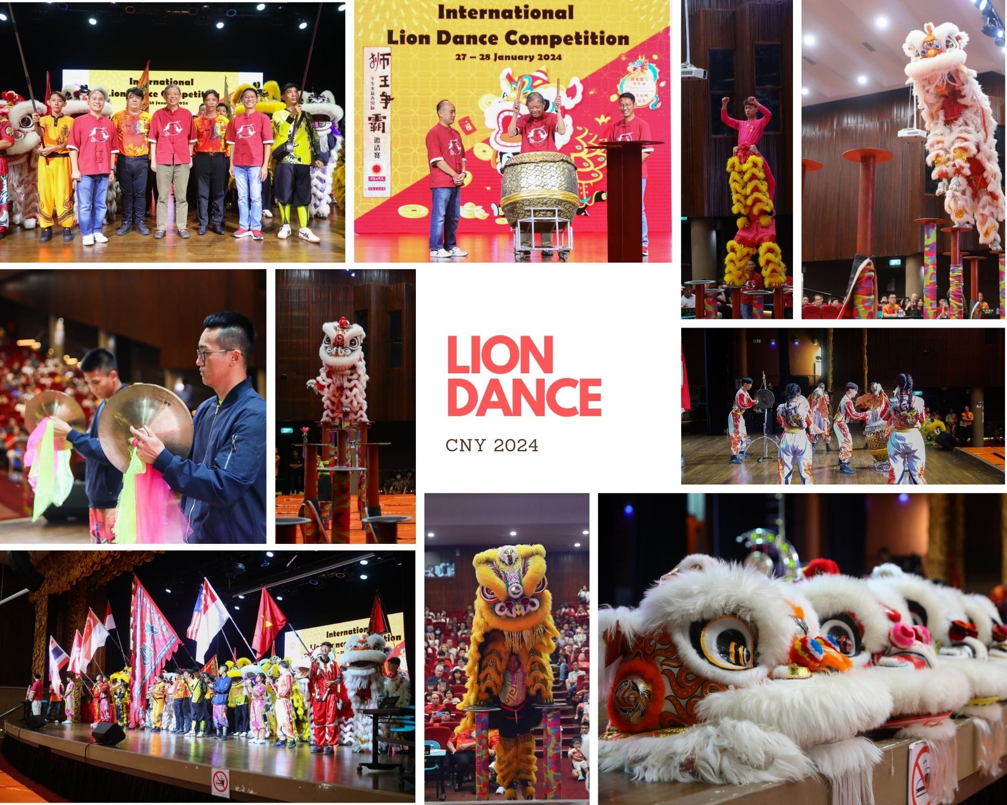 Collage of an international lion dance competition, featuring performers, lion costumes, and musicians, with "Lion Dance CNY 2024" text.
