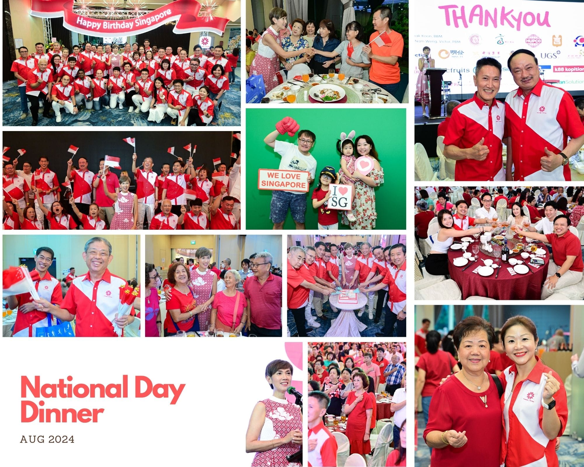 People in red and white celebrate Singapore's National Day with cake, flags, banners, and a dinner event.