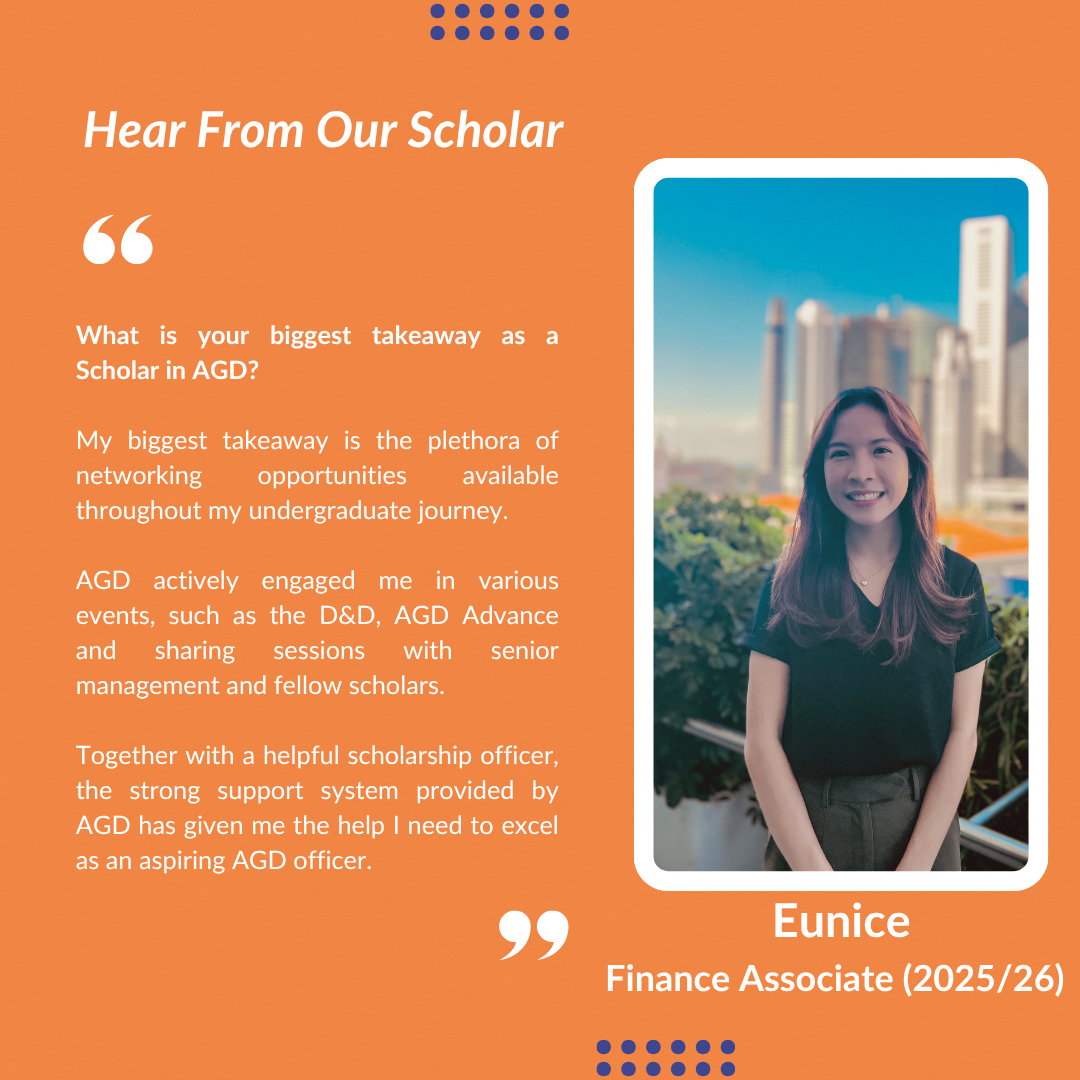 Woman with long hair stands beside greenery with blurred cityscape background; text reflects her positive AGD scholarship experiences.